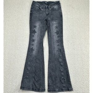 Social Collision Jeans Womens 7 Black Grey Star Low-Rise Flare Denim Whiskered